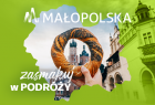 Plakat Małopolska Zasmakuj w podróży. Widok Rynku Głównego w Krakowie z obwarzankiem.